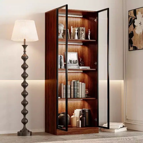 23.6'' Brown Glass Display China Cabinet Liquor Curio Storage Hutch, Mid Century Modern Wooden 4-Tier Dining Shelf with Led for Living Room
