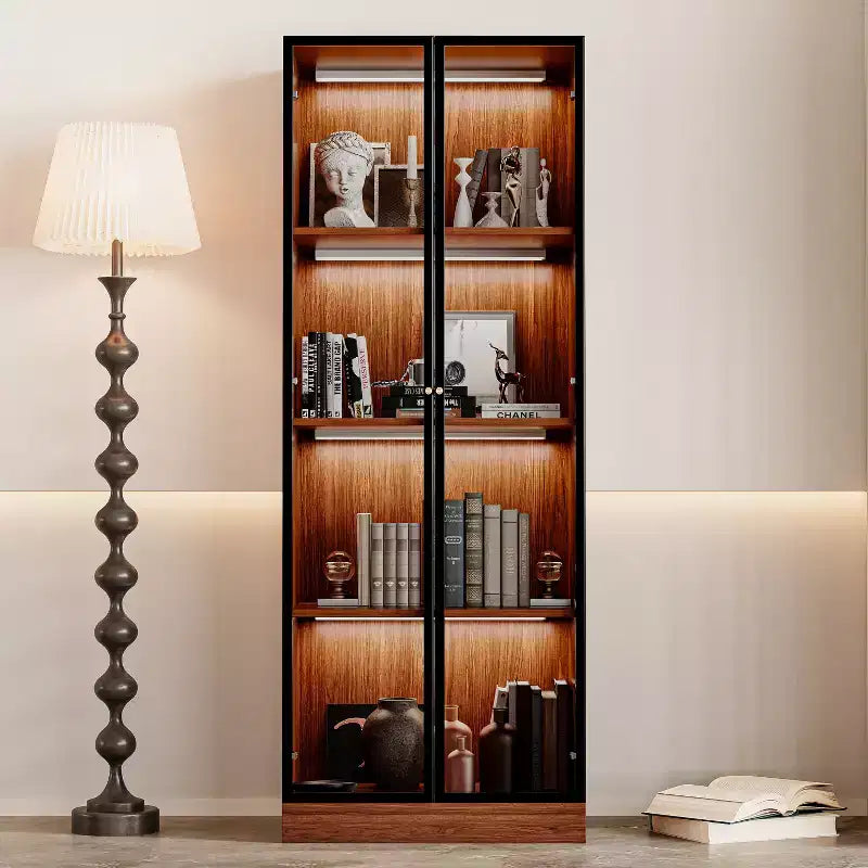 23.6'' Brown Glass Display China Cabinet Liquor Curio Storage Hutch, Mid Century Modern Wooden 4-Tier Dining Shelf with Led for Living Room
