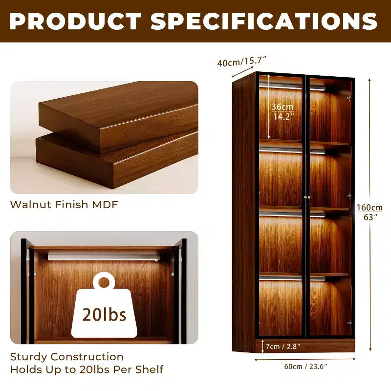 23.6'' Brown Glass Display China Cabinet Liquor Curio Storage Hutch, Mid Century Modern Wooden 4-Tier Dining Shelf with Led for Living Room