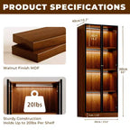 23.6'' Brown Glass Display China Cabinet Liquor Curio Storage Hutch, Mid Century Modern Wooden 4-Tier Dining Shelf with Led for Living Room