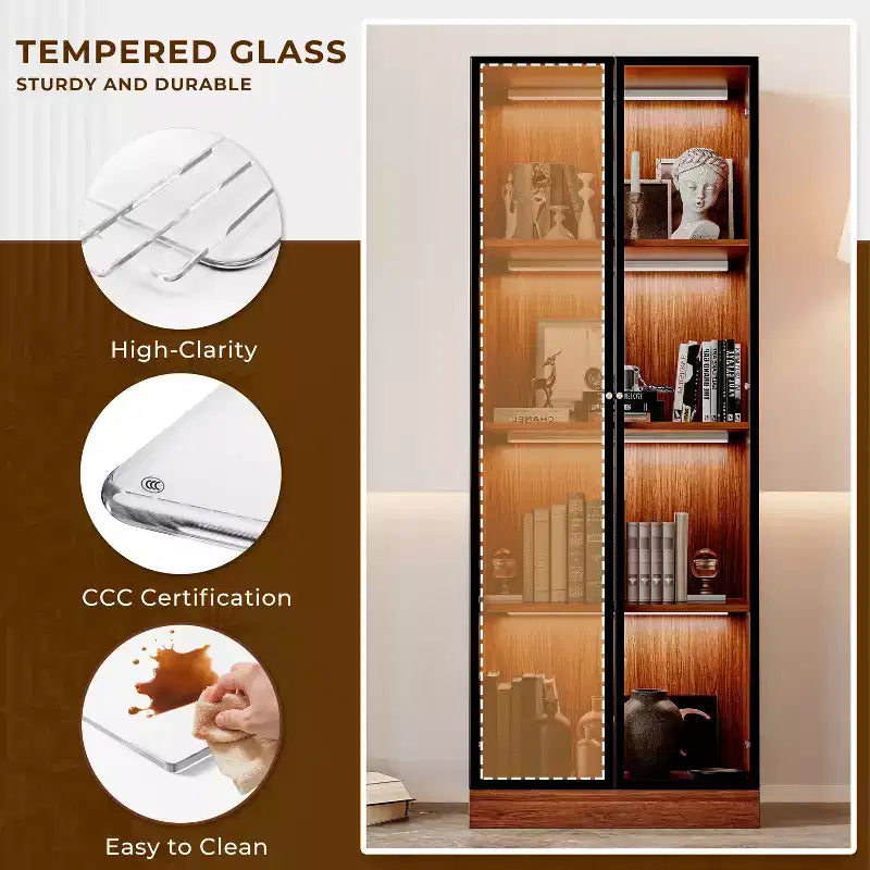 23.6'' Brown Glass Display China Cabinet Liquor Curio Storage Hutch, Mid Century Modern Wooden 4-Tier Dining Shelf with Led for Living Room