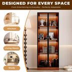 23.6'' Brown Glass Display China Cabinet Liquor Curio Storage Hutch, Mid Century Modern Wooden 4-Tier Dining Shelf with Led for Living Room