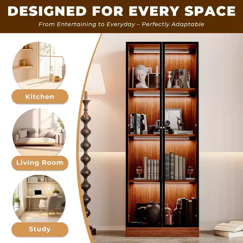 23.6'' Brown Glass Display China Cabinet Liquor Curio Storage Hutch, Mid Century Modern Wooden 4-Tier Dining Shelf with Led for Living Room