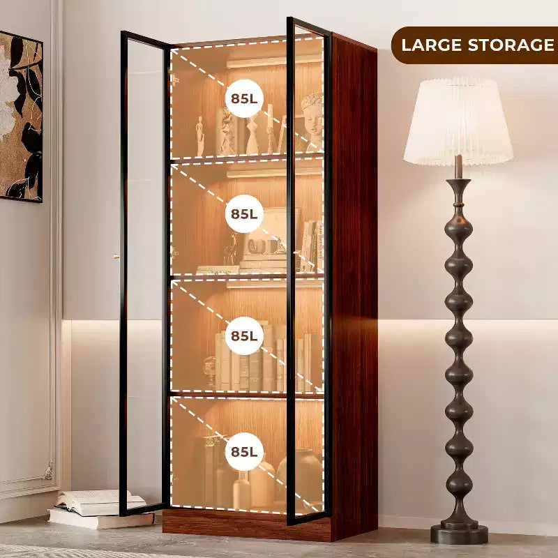 23.6'' Brown Glass Display China Cabinet Liquor Curio Storage Hutch, Mid Century Modern Wooden 4-Tier Dining Shelf with Led for Living Room
