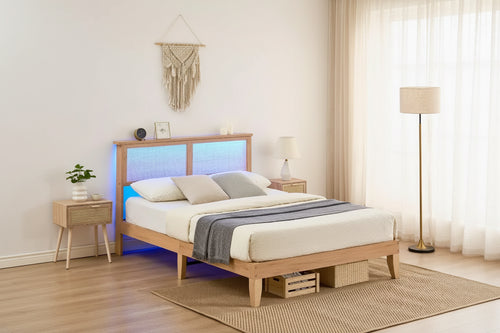 12.4 Inch Deluxe Solid Wood Full Bed Frame with Natural Rattan Headboard, LED Lights, Noise-free, Mattress Foundation, No Box Spring Needed