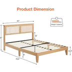 12.4 Inch Deluxe Solid Wood Full Bed Frame with Natural Rattan Headboard, LED Lights, Noise-free, Mattress Foundation, No Box Spring Needed