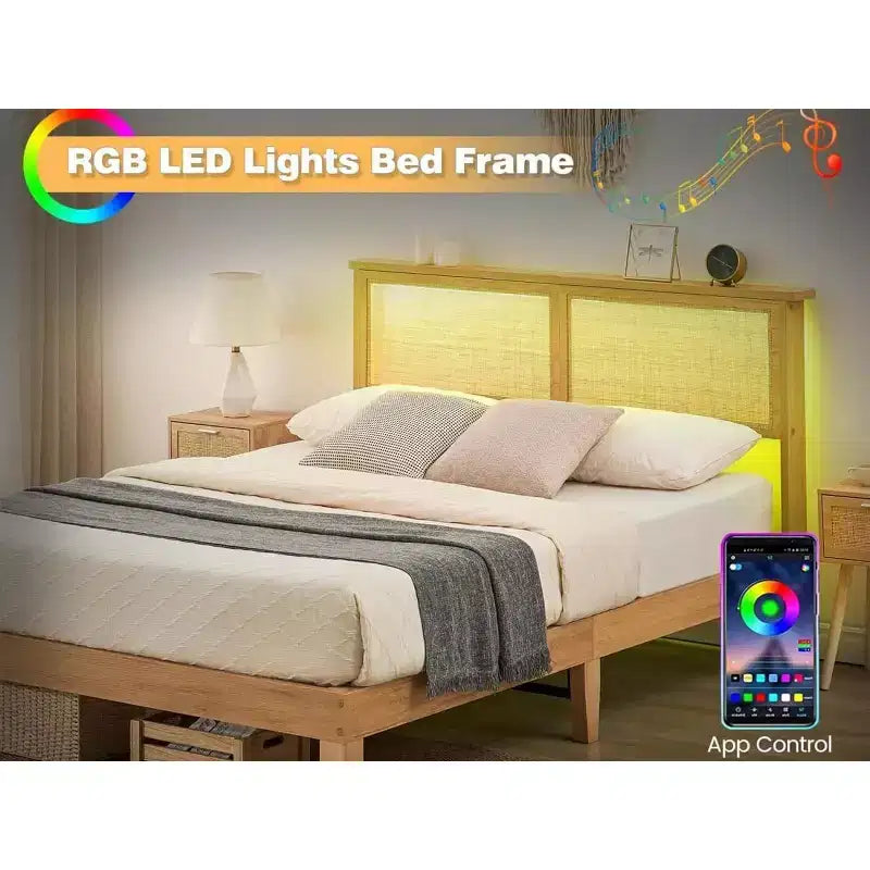 12.4 Inch Deluxe Solid Wood Full Bed Frame with Natural Rattan Headboard, LED Lights, Noise-free, Mattress Foundation, No Box Spring Needed