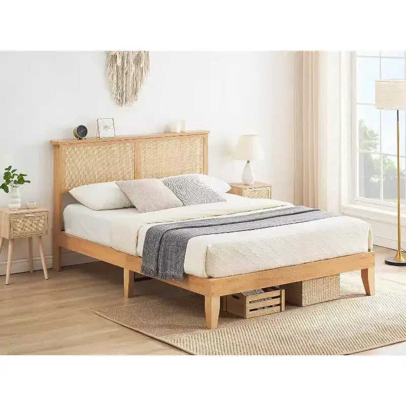 12.4 Inch Deluxe Solid Wood Full Bed Frame with Natural Rattan Headboard, LED Lights, Noise-free, Mattress Foundation, No Box Spring Needed
