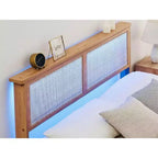 12.4 Inch Deluxe Solid Wood Full Bed Frame with Natural Rattan Headboard, LED Lights, Noise-free, Mattress Foundation, No Box Spring Needed