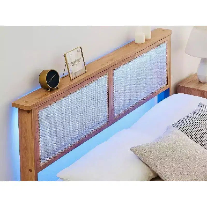 12.4 Inch Deluxe Solid Wood Full Bed Frame with Natural Rattan Headboard, LED Lights, Noise-free, Mattress Foundation, No Box Spring Needed