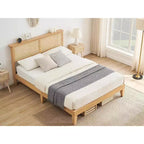 12.4 Inch Deluxe Solid Wood Full Bed Frame with Natural Rattan Headboard, LED Lights, Noise-free, Mattress Foundation, No Box Spring Needed