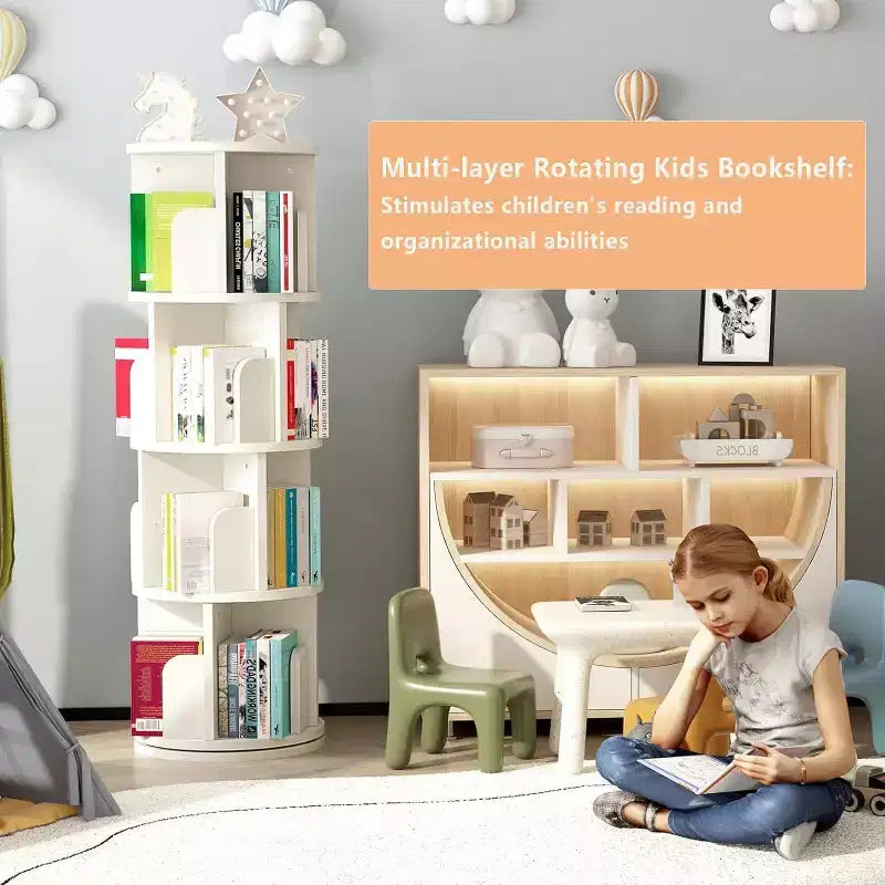 360 Degree Rotating Bookcase,4 Tier White Wooden Bookcase,51.2 Inch,Floor Standing Small Corner Storage Shelf,Bedroom,Living Room