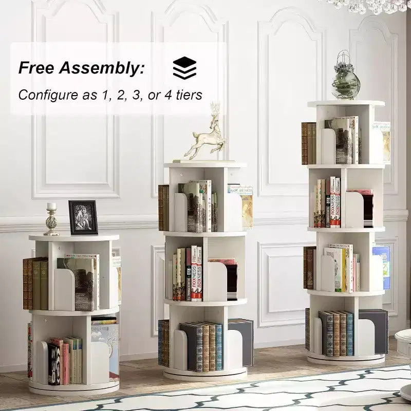 360 Degree Rotating Bookcase,4 Tier White Wooden Bookcase,51.2 Inch,Floor Standing Small Corner Storage Shelf,Bedroom,Living Room