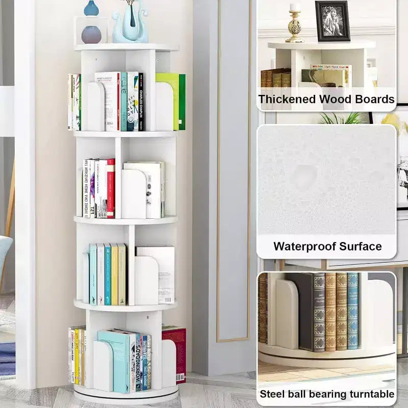 360 Degree Rotating Bookcase,4 Tier White Wooden Bookcase,51.2 Inch,Floor Standing Small Corner Storage Shelf,Bedroom,Living Room