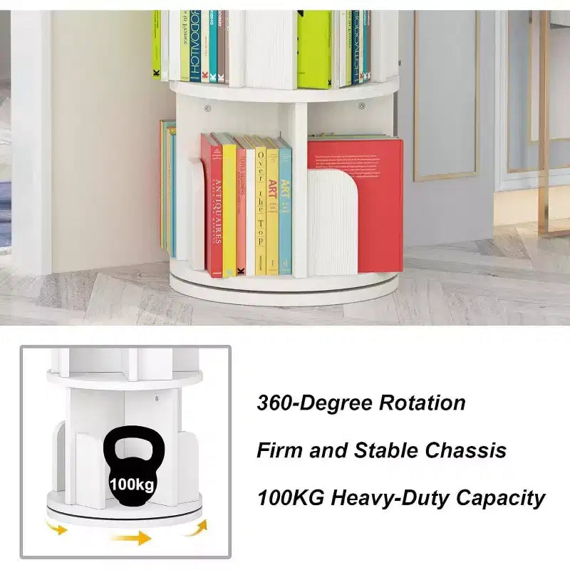 360 Degree Rotating Bookcase,4 Tier White Wooden Bookcase,51.2 Inch,Floor Standing Small Corner Storage Shelf,Bedroom,Living Room