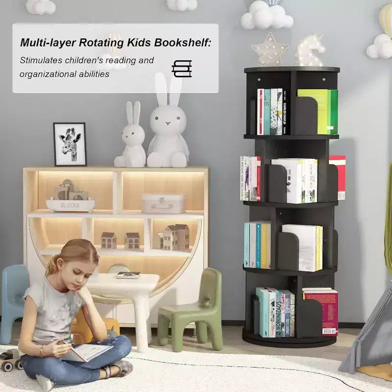 360 Degree Rotating Bookcase,4 Tier White Wooden Bookcase,51.2 Inch,Floor Standing Small Corner Storage Shelf,Bedroom,Living Room