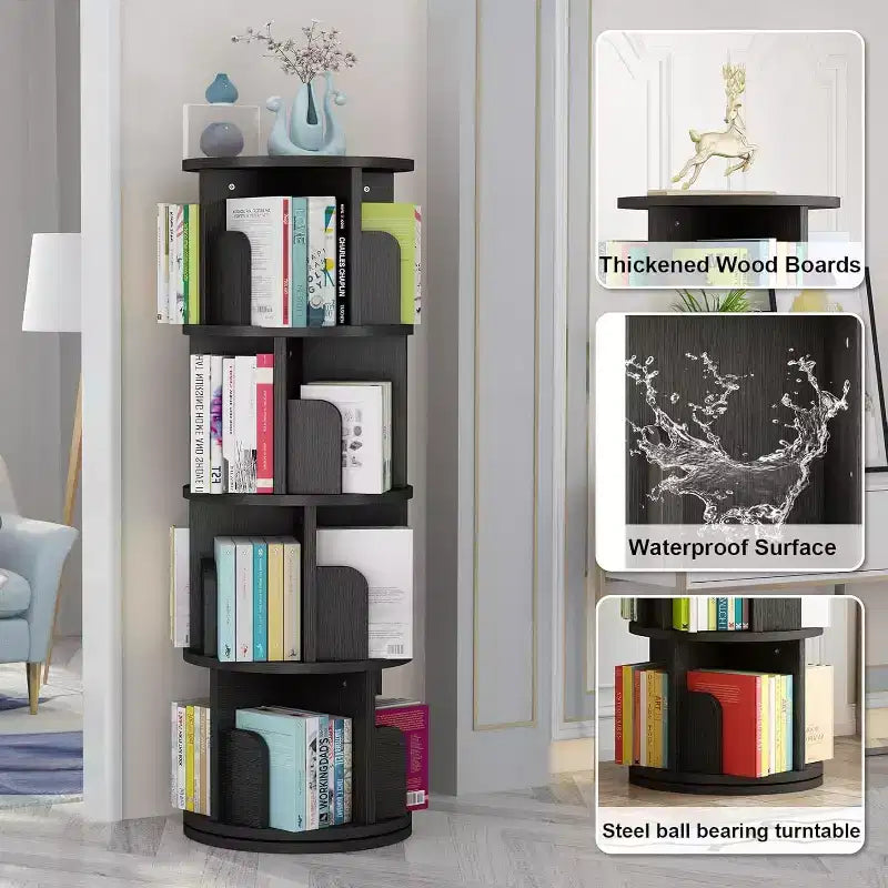 360 Degree Rotating Bookcase,4 Tier White Wooden Bookcase,51.2 Inch,Floor Standing Small Corner Storage Shelf,Bedroom,Living Room