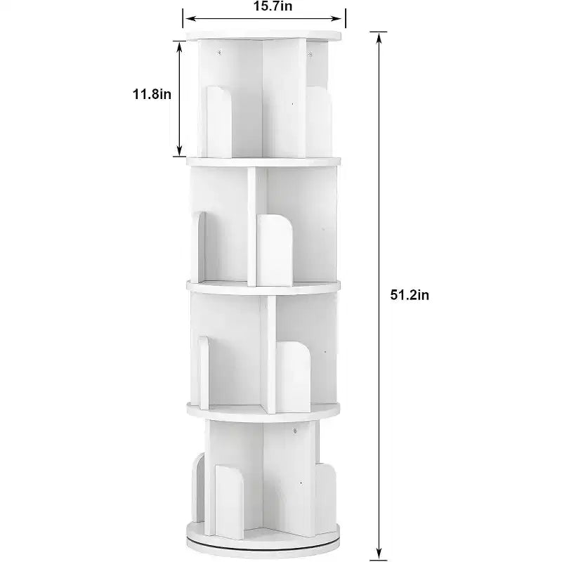 360 Degree Rotating Bookcase,4 Tier White Wooden Bookcase,51.2 Inch,Floor Standing Small Corner Storage Shelf,Bedroom,Living Room