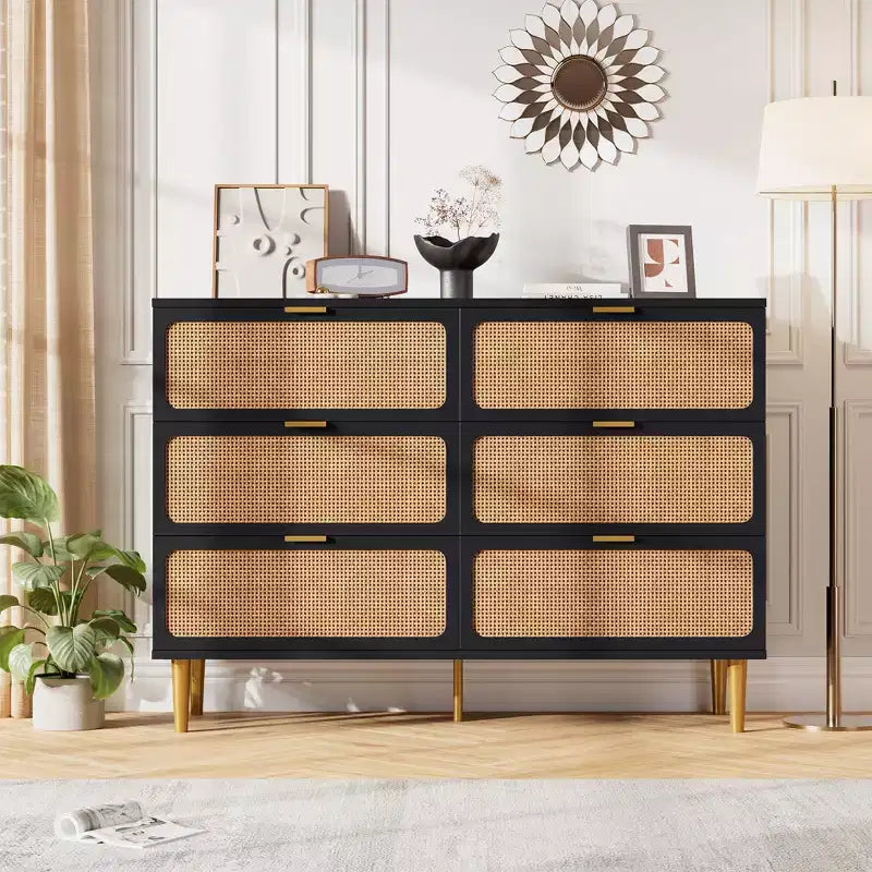 Garvee Rattan 6-Drawer Dresser for Bedroom, Large Wooden Chest with Deep Drawers, Wide Top Storage for Closet, Living Room, Hallway