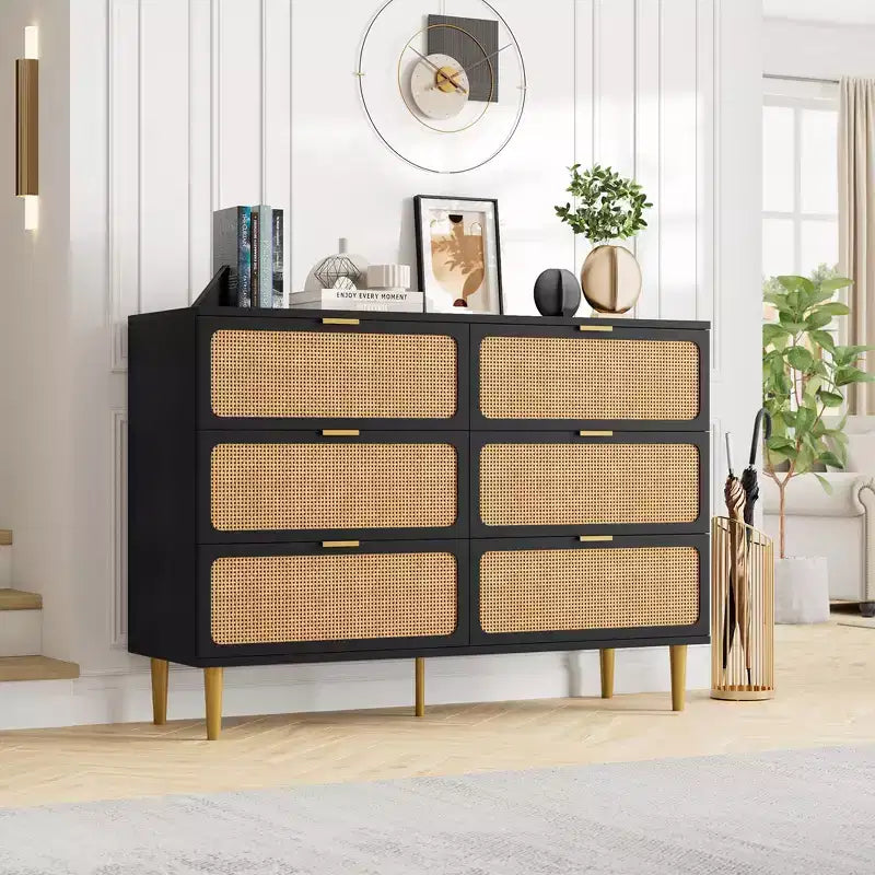 Rattan 6-Drawer Dresser for Bedroom, Large Wooden Chest with Deep Drawers, Wide Top Storage for Closet, Living Room, Hallway