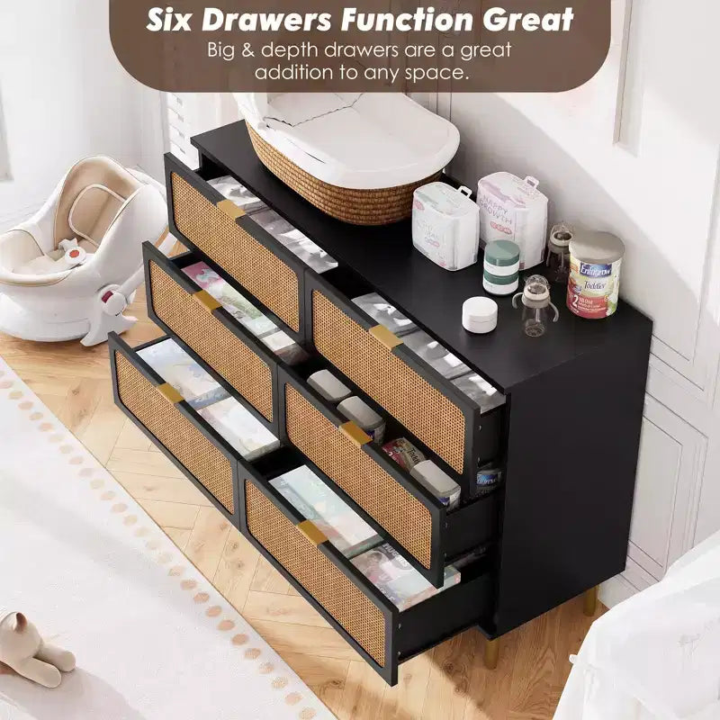 Rattan 6-Drawer Dresser for Bedroom, Large Wooden Chest with Deep Drawers, Wide Top Storage for Closet, Living Room, Hallway