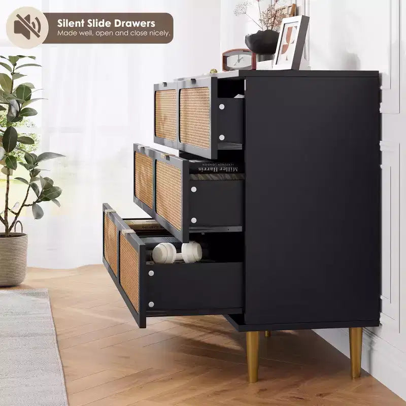 Rattan 6-Drawer Dresser for Bedroom, Large Wooden Chest with Deep Drawers, Wide Top Storage for Closet, Living Room, Hallway