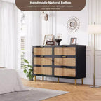 Rattan 6-Drawer Dresser for Bedroom, Large Wooden Chest with Deep Drawers, Wide Top Storage for Closet, Living Room, Hallway