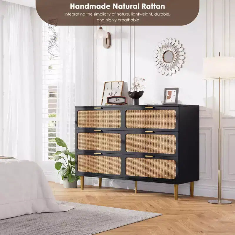 Rattan 6-Drawer Dresser for Bedroom, Large Wooden Chest with Deep Drawers, Wide Top Storage for Closet, Living Room, Hallway