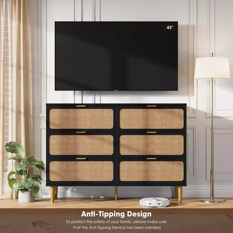 Rattan 6-Drawer Dresser for Bedroom, Large Wooden Chest with Deep Drawers, Wide Top Storage for Closet, Living Room, Hallway