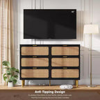 Rattan 6-Drawer Dresser for Bedroom, Large Wooden Chest with Deep Drawers, Wide Top Storage for Closet, Living Room, Hallway