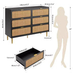 Rattan 6-Drawer Dresser for Bedroom, Large Wooden Chest with Deep Drawers, Wide Top Storage for Closet, Living Room, Hallway