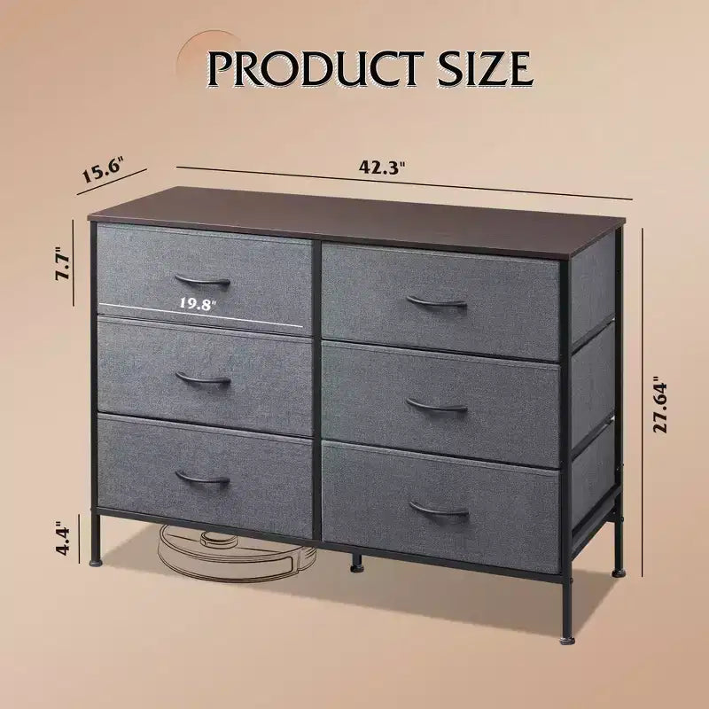 Wide Dresser with 6 Drawers, Fabric TV Stand for 50 Inch TV, Metal Frame, Wooden Top, Fabric Storage Dresser for Bedroom, Hallway, Entryway,