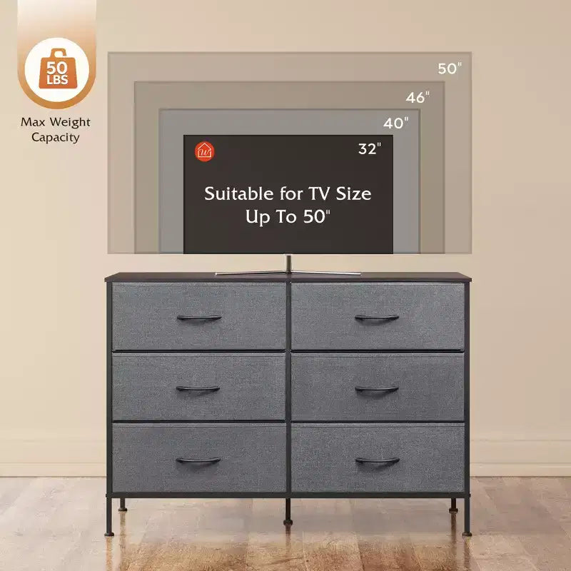 Wide Dresser with 6 Drawers, Fabric TV Stand for 50 Inch TV, Metal Frame, Wooden Top, Fabric Storage Dresser for Bedroom, Hallway, Entryway,