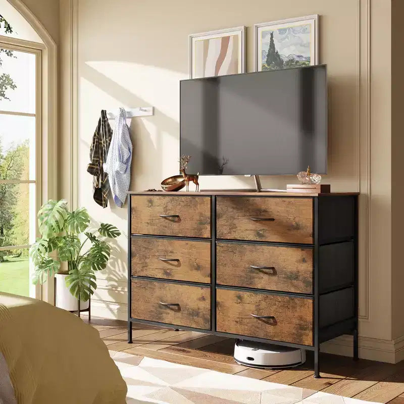 Wide Dresser with 6 Drawers, Fabric TV Stand for 50 Inch TV, Metal Frame, Wooden Top, Fabric Storage Dresser for Bedroom, Hallway, Entryway,