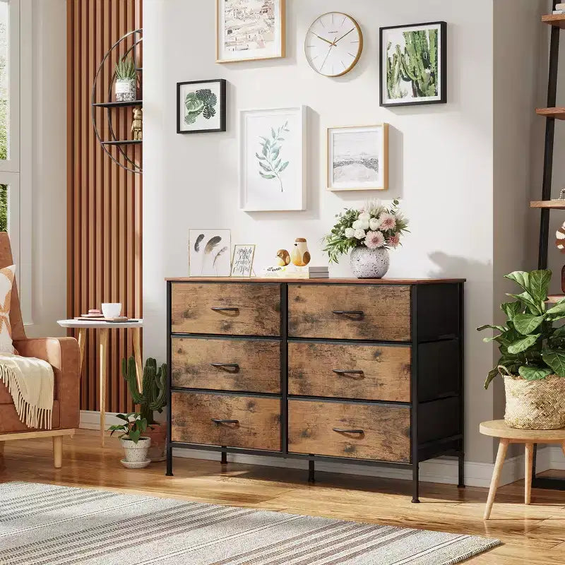 Wide Dresser with 6 Drawers, Fabric TV Stand for 50 Inch TV, Metal Frame, Wooden Top, Fabric Storage Dresser for Bedroom, Hallway, Entryway,