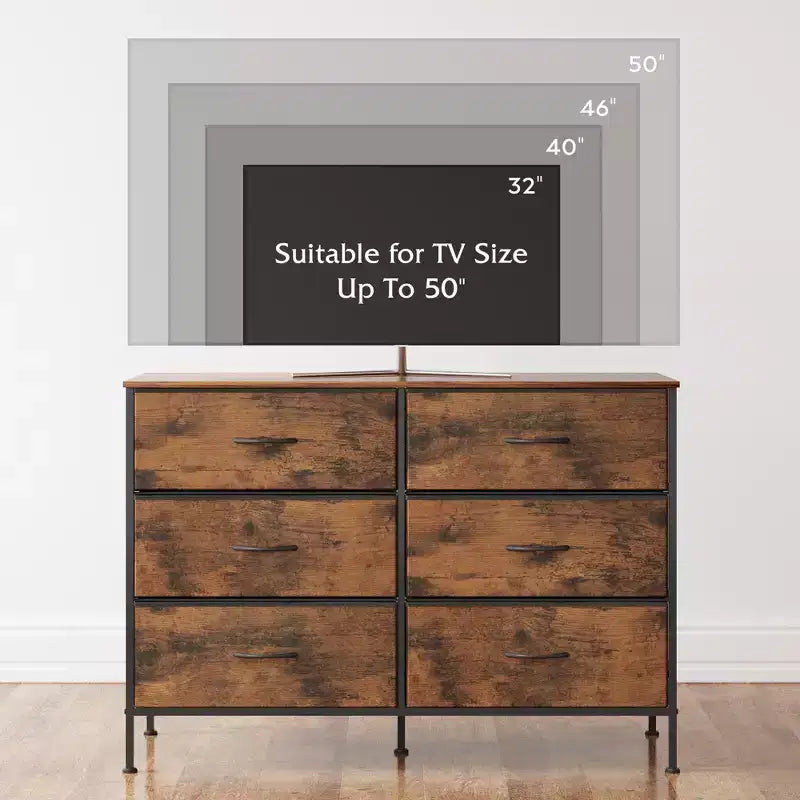 Wide Dresser with 6 Drawers, Fabric TV Stand for 50 Inch TV, Metal Frame, Wooden Top, Fabric Storage Dresser for Bedroom, Hallway, Entryway,