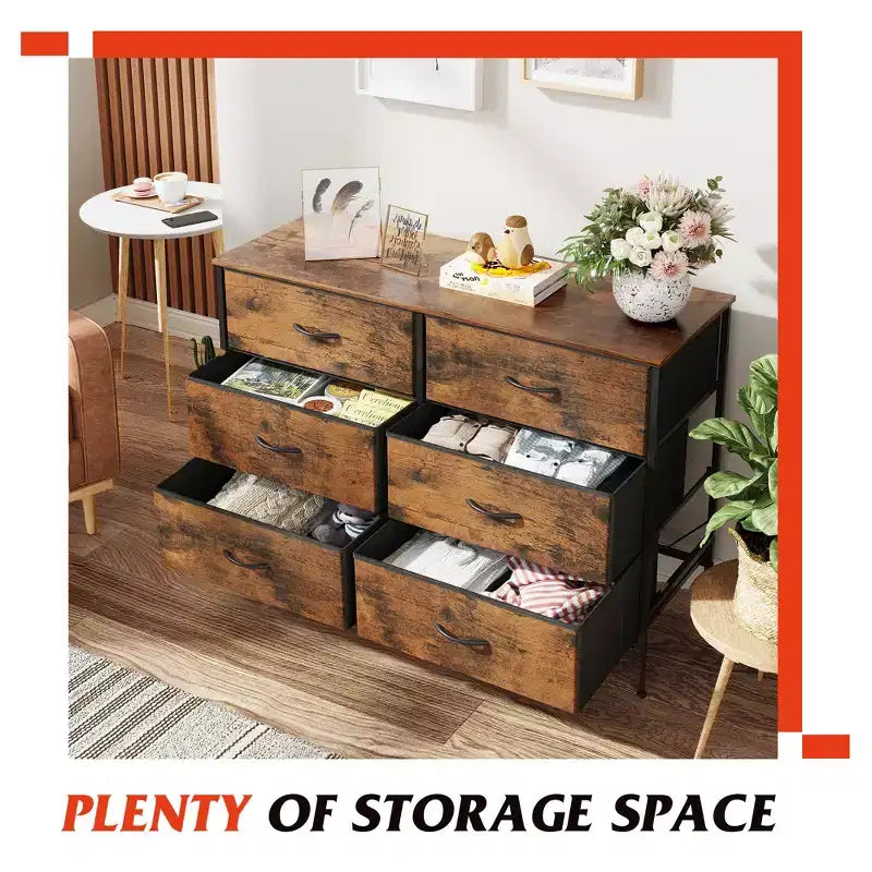 Wide Dresser with 6 Drawers, Fabric TV Stand for 50 Inch TV, Metal Frame, Wooden Top, Fabric Storage Dresser for Bedroom, Hallway, Entryway,