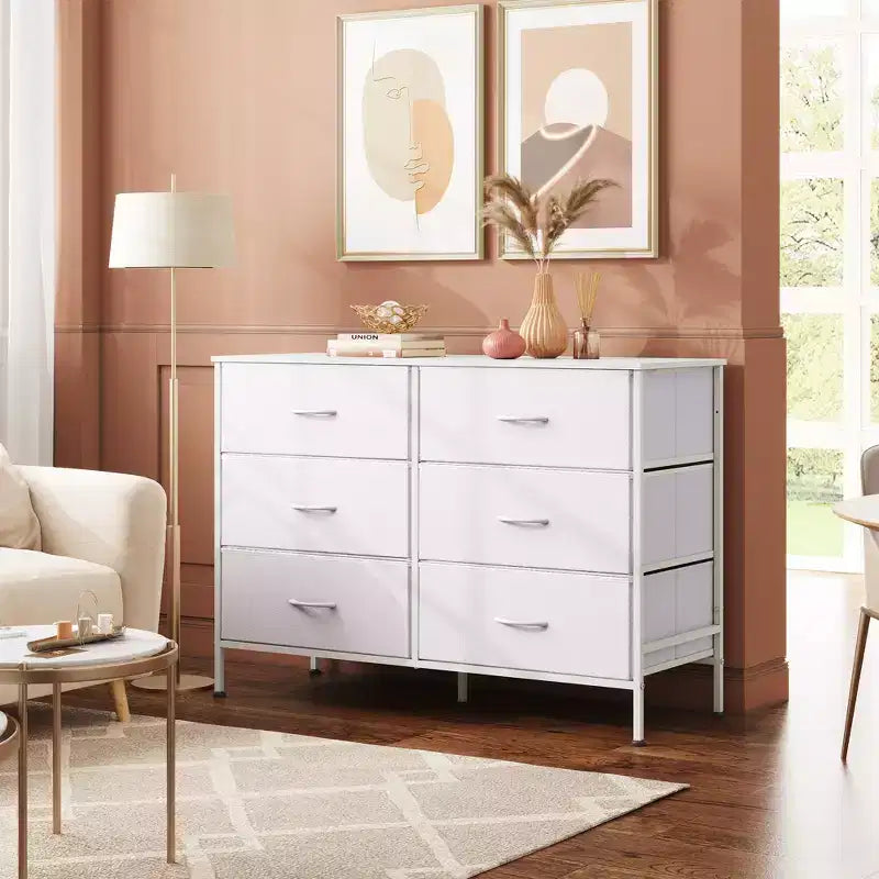 Wide Dresser with 6 Drawers, Fabric TV Stand for 50 Inch TV, Metal Frame, Wooden Top, Fabric Storage Dresser for Bedroom, Hallway, Entryway,