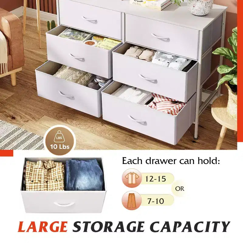 Wide Dresser with 6 Drawers, Fabric TV Stand for 50 Inch TV, Metal Frame, Wooden Top, Fabric Storage Dresser for Bedroom, Hallway, Entryway,