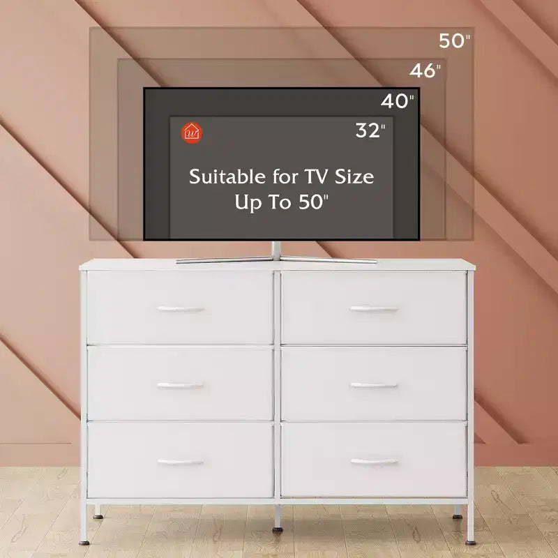 Wide Dresser with 6 Drawers, Fabric TV Stand for 50 Inch TV, Metal Frame, Wooden Top, Fabric Storage Dresser for Bedroom, Hallway, Entryway,