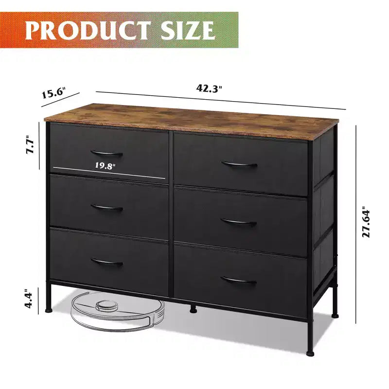 Wide Dresser with 6 Drawers, Fabric TV Stand for 50 Inch TV, Metal Frame, Wooden Top, Fabric Storage Dresser for Bedroom, Hallway, Entryway,