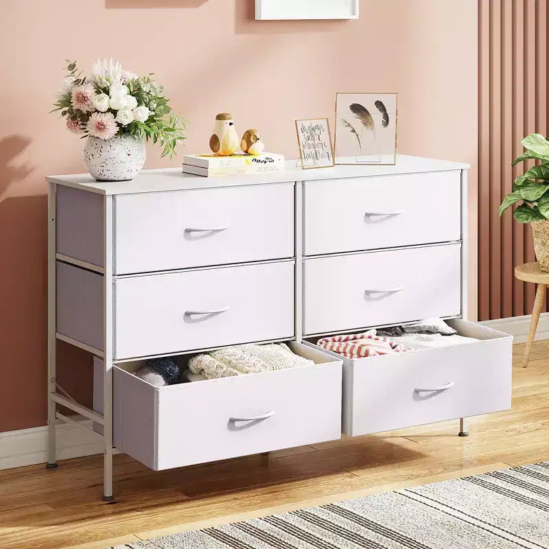 Wide Dresser with 6 Drawers, Fabric TV Stand for 50 Inch TV, Metal Frame, Wooden Top, Fabric Storage Dresser for Bedroom, Hallway, Entryway,