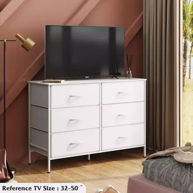 Wide Dresser with 6 Drawers, Fabric TV Stand for 50 Inch TV, Metal Frame, Wooden Top, Fabric Storage Dresser for Bedroom, Hallway, Entryway,