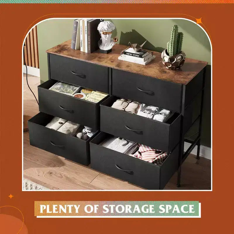 Wide Dresser with 6 Drawers, Fabric TV Stand for 50 Inch TV, Metal Frame, Wooden Top, Fabric Storage Dresser for Bedroom, Hallway, Entryway,