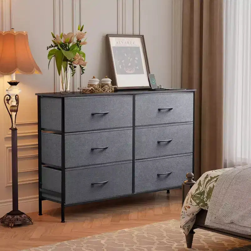Wide Dresser with 6 Drawers, Fabric TV Stand for 50 Inch TV, Metal Frame, Wooden Top, Fabric Storage Dresser for Bedroom, Hallway, Entryway,