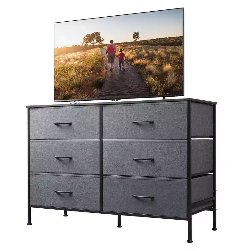Wide Dresser with 6 Drawers, Fabric TV Stand for 50 Inch TV, Metal Frame, Wooden Top, Fabric Storage Dresser for Bedroom, Hallway, Entryway,