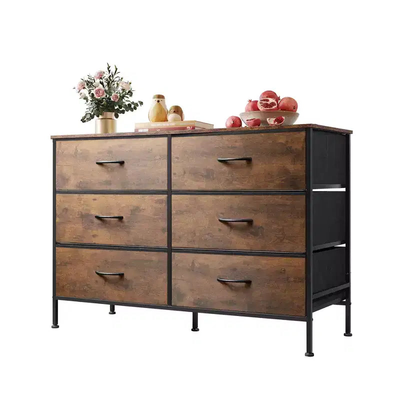 Wide Dresser with 6 Drawers, Fabric TV Stand for 50 Inch TV, Metal Frame, Wooden Top, Fabric Storage Dresser for Bedroom, Hallway, Entryway,