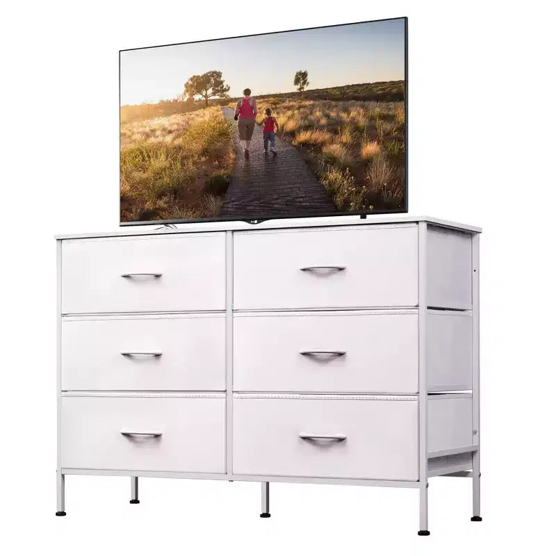 Wide Dresser with 6 Drawers, Fabric TV Stand for 50 Inch TV, Metal Frame, Wooden Top, Fabric Storage Dresser for Bedroom, Hallway, Entryway,