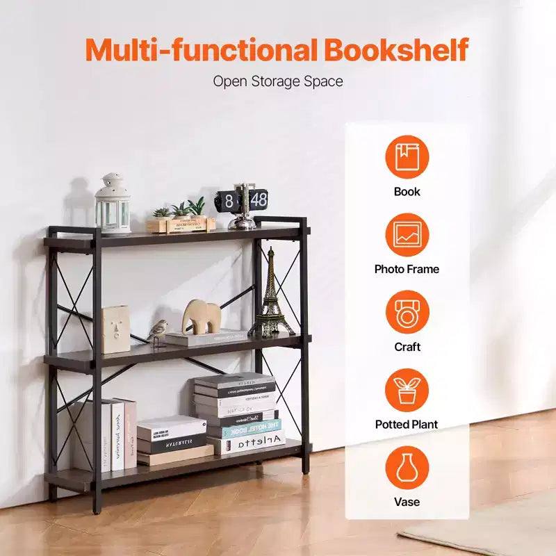 Metal Bookshelf, 3-Tier Industrial Bookshelf, Small Rustic Storage Display Bookcase with Open Shelves, Freestanding Display Vintage Shelving