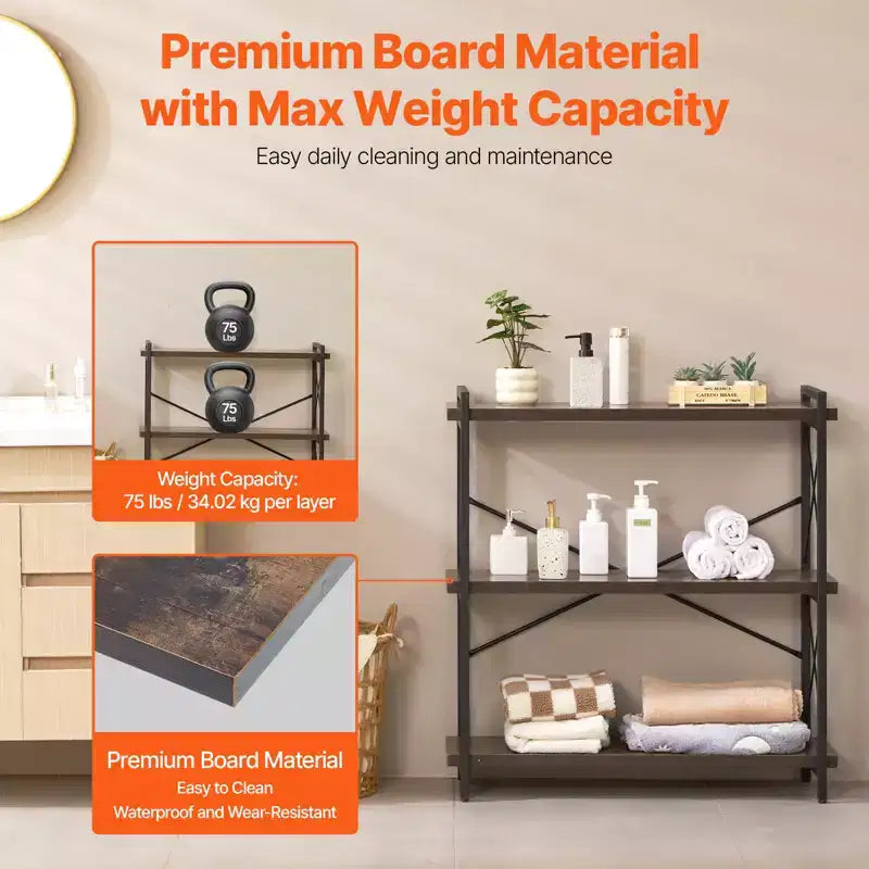 Metal Bookshelf, 3-Tier Industrial Bookshelf, Small Rustic Storage Display Bookcase with Open Shelves, Freestanding Display Vintage Shelving